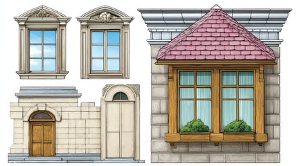 Naklejka premium Architectural Design Elements Ornate Windows, Arched Door, and Bay Window