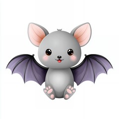 Adorable Grey Cartoon Bat with Purple Wings Sitting on White Background