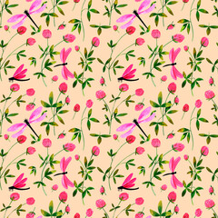 Seamless pattern with wild flowers, clover and pink dragonflies on a peach background. Perfect for wallpaper, gift paper, pattern fill, summer greeting cards