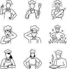 Chef Portrait One Line Drawing | Minimalist Vector Silhouette Continuous Line Chef Sketch | Outline Vector Silhouette Set