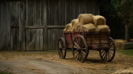 Obraz premium Rustic wooden wagon, hay bales, old barn.