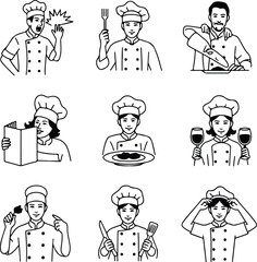 Chef Portrait One Line Drawing | Minimalist Vector Silhouette Continuous Line Chef Sketch | Outline Vector Silhouette Set