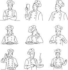 Chef Portrait One Line Drawing | Minimalist Vector Silhouette Continuous Line Chef Sketch | Outline Vector Silhouette Set