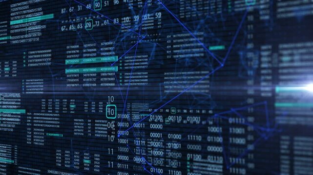 HUD Futuristic Digital Number Code With Data Connection Background. Abstract Binary Decimal Number Monitor Display Perspective View 4K Motion.