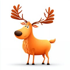 Fototapeta premium Cute Orange Cartoon Reindeer Illustration with Antlers on White Background