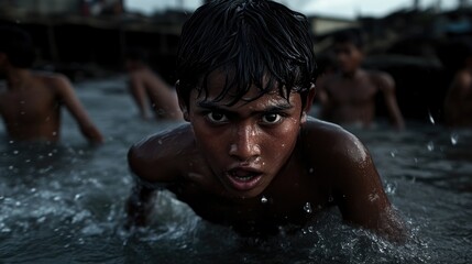 A young boy, eyes wide with expression, submerged in water, surrounded by others