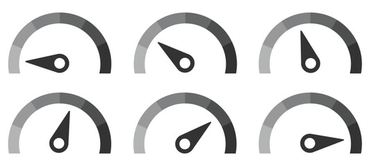 Speedometer icons set. Set of speedometer or gauge indicator symbol set. Test on dashboard in car. Vector illustration.