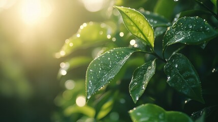 A high-resolution close-up of fresh tea leaves growing on a lush tea plant, with dewdrops glistening on the leaves under soft morning sunlight, showcasing the purity of nature.