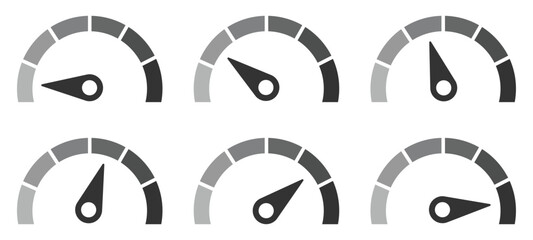 Speedometer icons set. Set of speedometer or gauge indicator symbol set. Test on dashboard in car. Vector illustration.