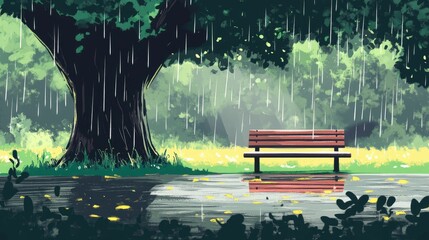 Obraz premium Rainy park scene; empty bench under tree.