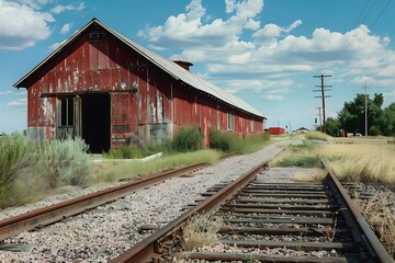 Obraz premium Weathered Red Barn Beside Railroad Tracks Under Cloudy Blue Sky During Daytime