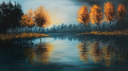 Obraz premium Autumn trees reflected in still water.