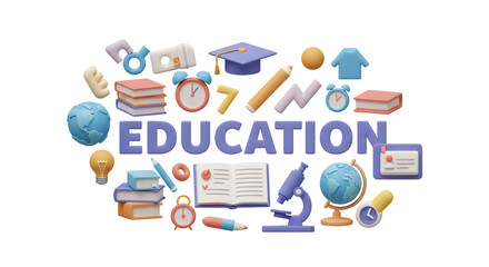 Educational Symbols Arranged Around the Word Education in 3D Illustration