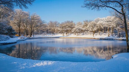 Frozen pond reflects snowy trees, winter scene.