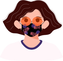 Girl in half-turn wearing patterned face mask and glasses. Profile the head women in new normal
