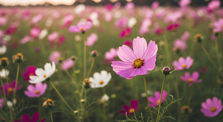 A field of cosmos flowers in bloom with pink and white petals under a soft sunlight setting sky