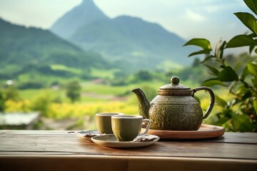 Tea ceremony on the terrace with tea pot and teapot