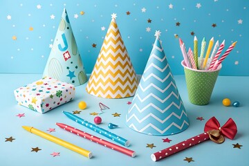 Birthday party caps, blowers and candles on blue background