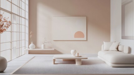 Modern Minimalist Living Room Interior Design with Soft Earthy Tones, Natural Light, and Simple Decorative Elements