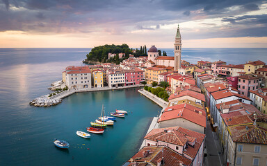 Picturesque Coastal Town of Piran, Slovenia at Sunset Aerial View of Adriatic Sea and Colorful Buildings