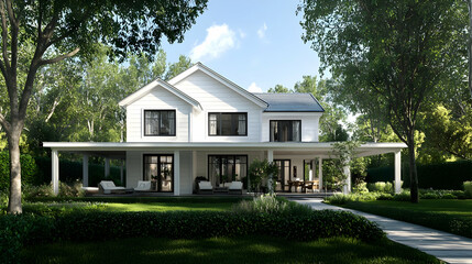 Fototapeta premium White House With Solar Panels In A Garden Setting