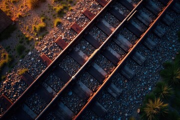 Overhead view of parallel train tracks, abstract backdrop, tracks, art, texture