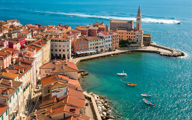 Picturesque Coastal Town of Rovinj, Croatia Aerial View of Red Roofs, Turquoise Sea, and Historic Architecture