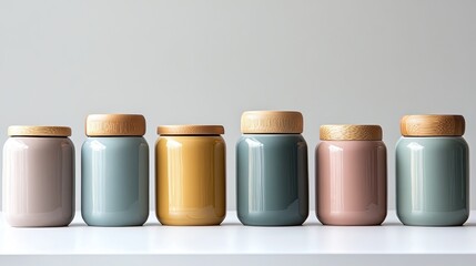 A collection of modern ceramic jars in muted pastel tones with wooden lids