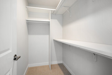 White closet with a door and shelves