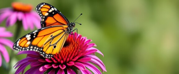 Fototapeta premium A monarch butterfly with open wings gently lands on a vibrant purple coneflower, close-up, insect