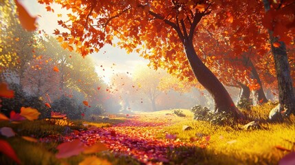 Autumnal pathway through a vibrant forest.