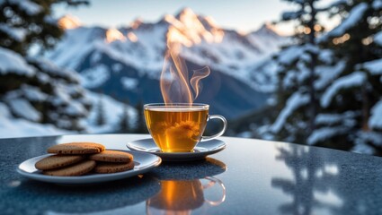 Enjoying Hot Tea and Cookies with Scenic Snowy Mountain Backdrop