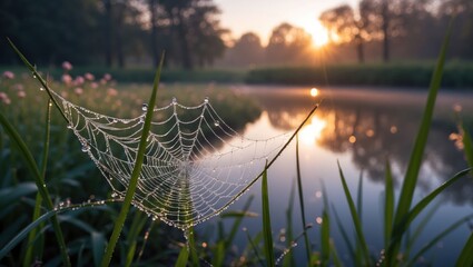 Dew Covered Spiderweb Shines at Sunrise by Calm Lake Water