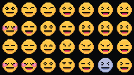 Naklejka premium A grid of various pixelated emojis, showcasing different expressions and emotions