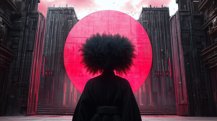 Afrofuturistic figure in black robe stands before glowing red circle in surreal sci fi cityscape with towering dark buildings.