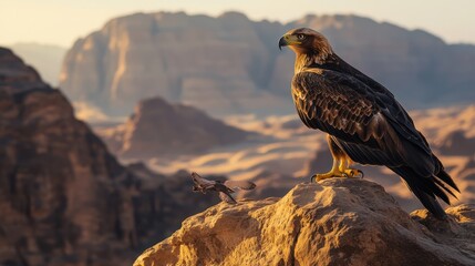 Fototapeta premium Eagle perched on rock, desert sunrise, Wadi Rum
