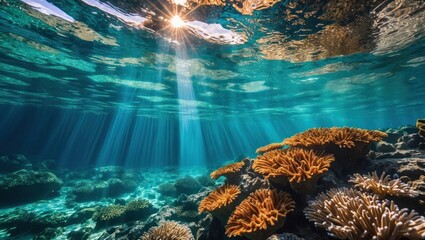 Obraz premium Underwater Scene Sunlight Filtering Through Ocean Water onto Coral Reef