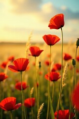 Obraz premium Scarlet poppies blaze amidst golden wheat, summer sun , Poppies, sun, close-up
