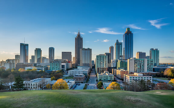 Raleigh, North Carolina Skyline View at Golden Hour Urban Landscape with Modern Architecture and Greenery