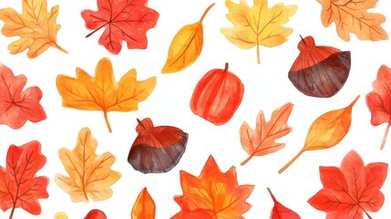 Fototapeta premium Autumns watercolor kiss Leaves acorns a tiny pumpkin dance