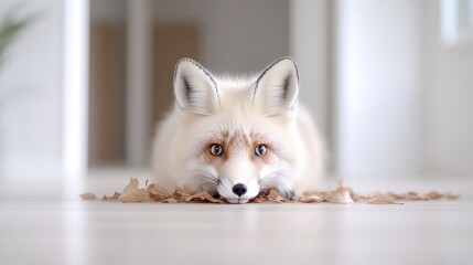 Obraz premium A curious white fox peeking over a wooden floor in a modern indoor setting, soft natural light highlighting its fur, and playful and inquisitive expression.