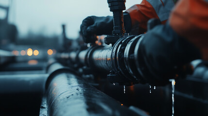 Pipeline technician performing leak detection on pipeline equipment. Featuring leak detection