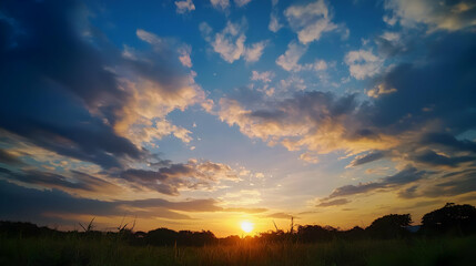 Fototapeta premium Colorful Sunset Over Field With Dramatic Clouds