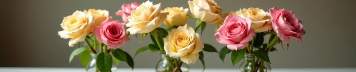 Pink and yellow roses in glass vase Elegant floral arrangement , photo, petals, romance