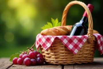Straw basket with checkered cloth, wine bottle, baguette, grapes , sun, rustic, al fresco