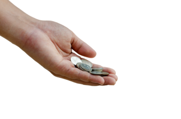  man holds a pile of silver coins in his palm.