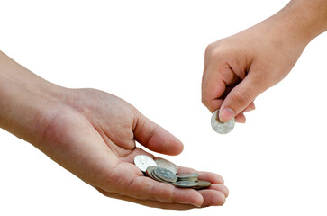 man's hand is giving a silver coin to another hand.