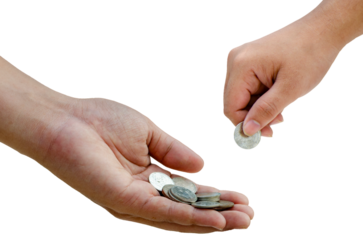 man's hand is giving a silver coin to another hand.