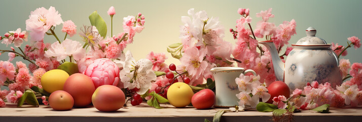 Spring blossom still life with citrus fruits and porcelain teapot horizontal header