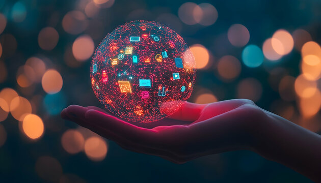 Hand holding glowing sphere representing global network, technology, connection, and digital world.  Abstract concept image.